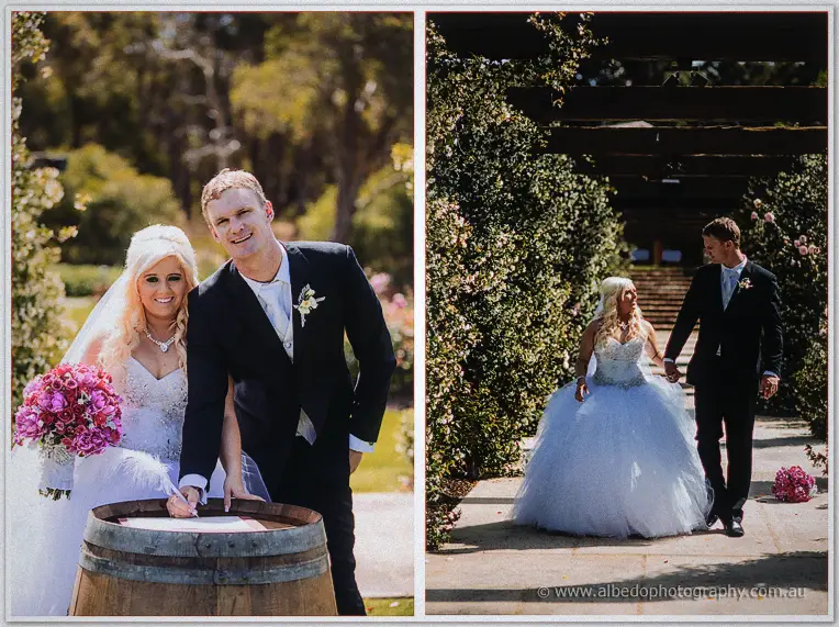 Diptych of Steph and Luke signing the register and strolling hand in hand along the pergola path.