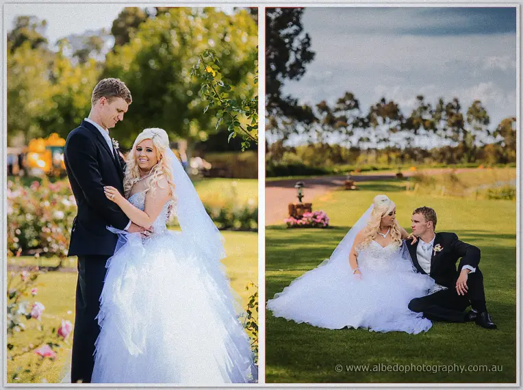Diptych of the couple by the rose garden and reclining together on the lakeside lawn.