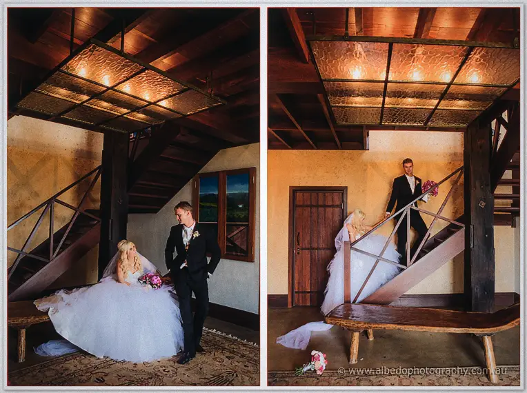 Diptych of the couple by the rustic staircase and Luke leading Steph up the timber steps.