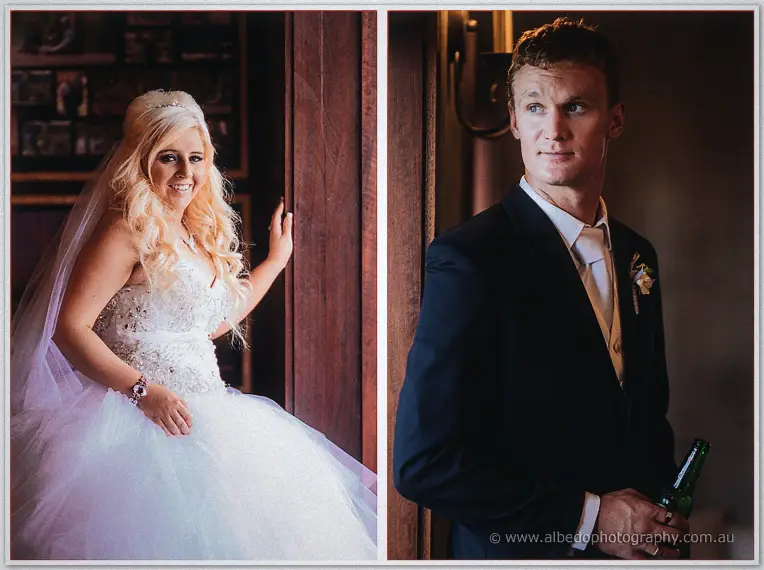 Diptych of Steph smiling by the timber doorway and Luke glancing back with a beer bottle.