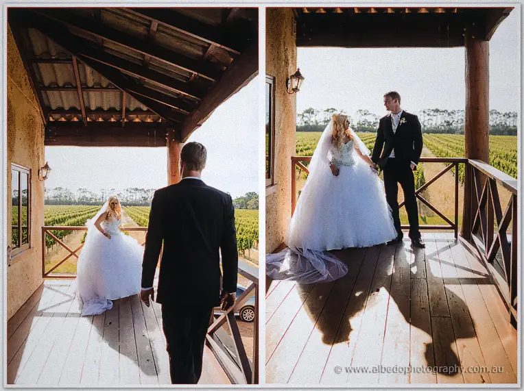 Diptych of Luke joining Steph on the villa balcony overlooking the green vine rows.