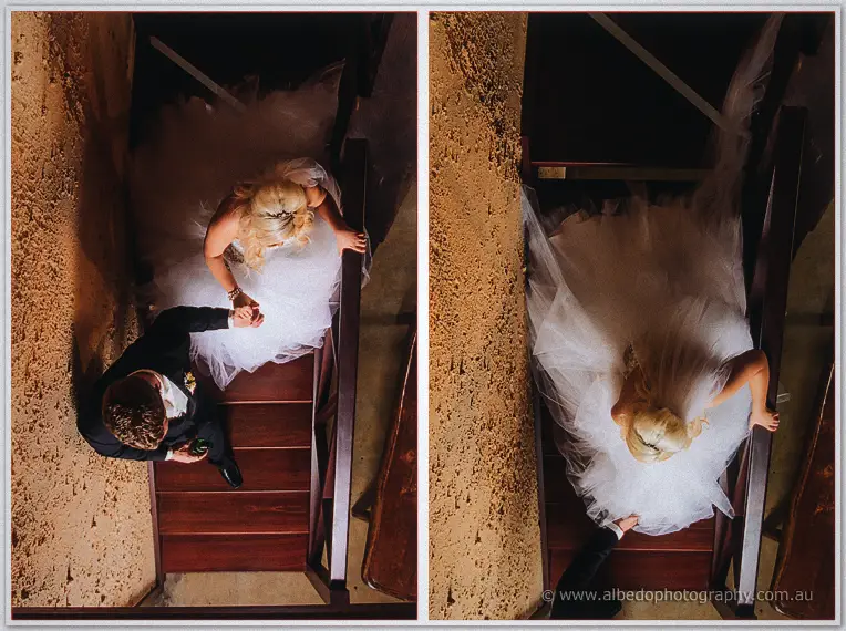 Overhead diptych of Steph lifting her gown while descending the dark timber staircase.