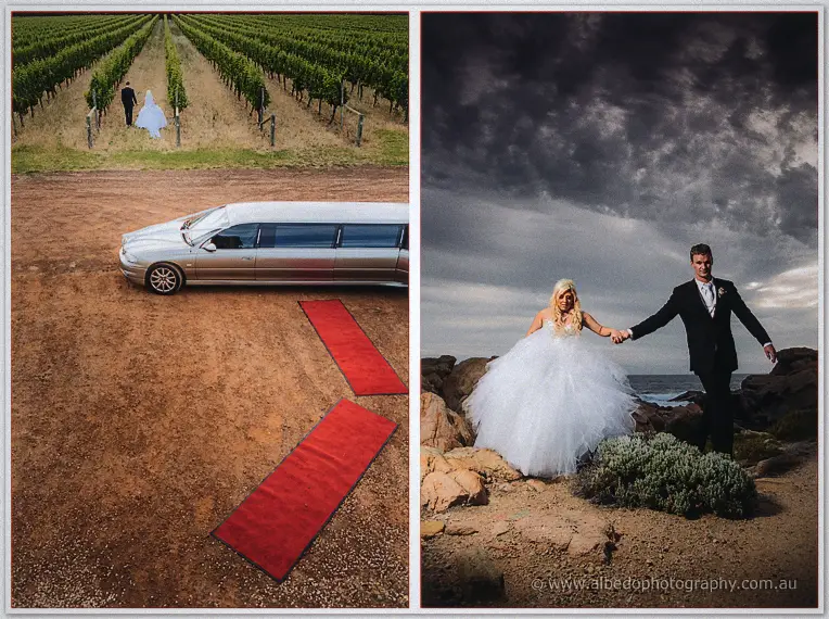 Distant couple in the vines and the groom leading his bride over coastal rocks under stormy skies