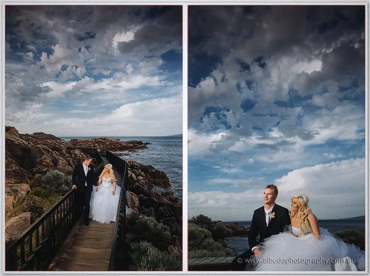 Left: couple descending a coastal boardwalk; right: seated beneath wide sunset clouds