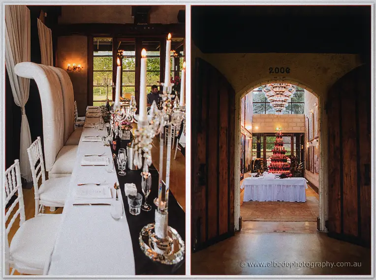 Diptych of the reception: candle-lit bridal table and a tiered cake beyond the cellar doors