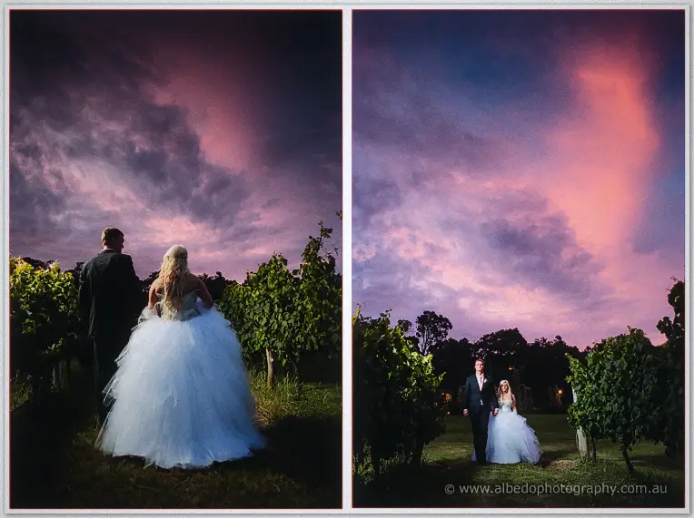 Steph and Luke among the vines at dusk, her full tulle skirt glowing under a pink sky