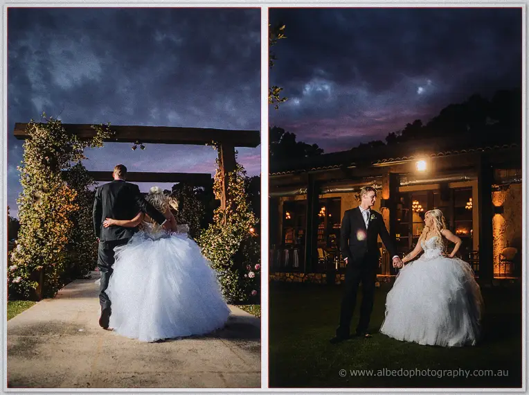 Diptych: walking away beneath the rose arbor and holding hands outside the lit barn