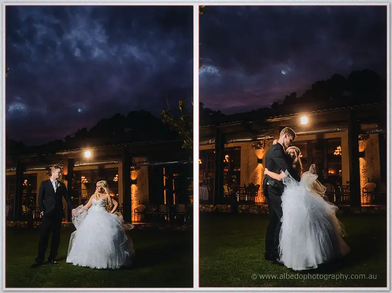 Diptych of the newlyweds on the lawn, ending in a close embrace outside the glowing barn