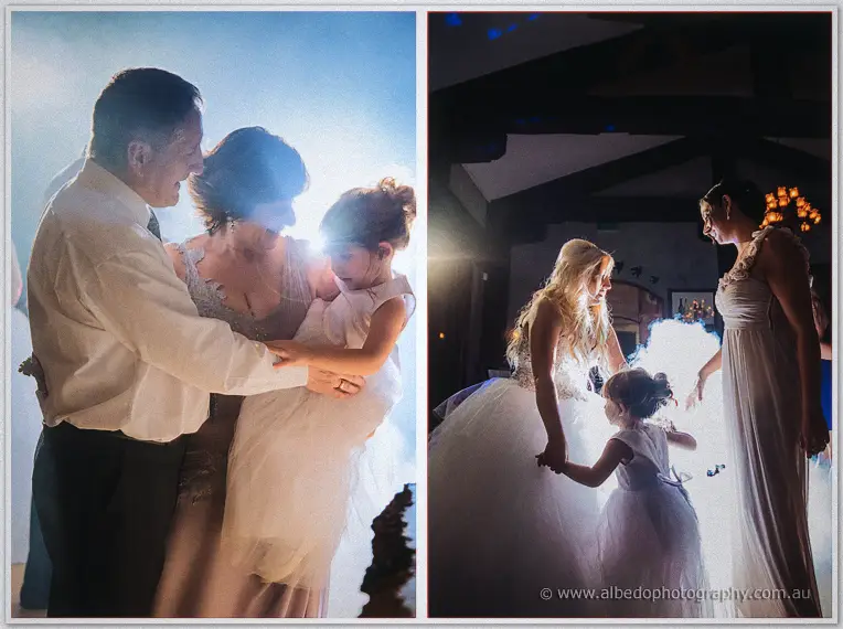 Diptych of family dancing: parents with the flower girl, then Steph with her small daughter