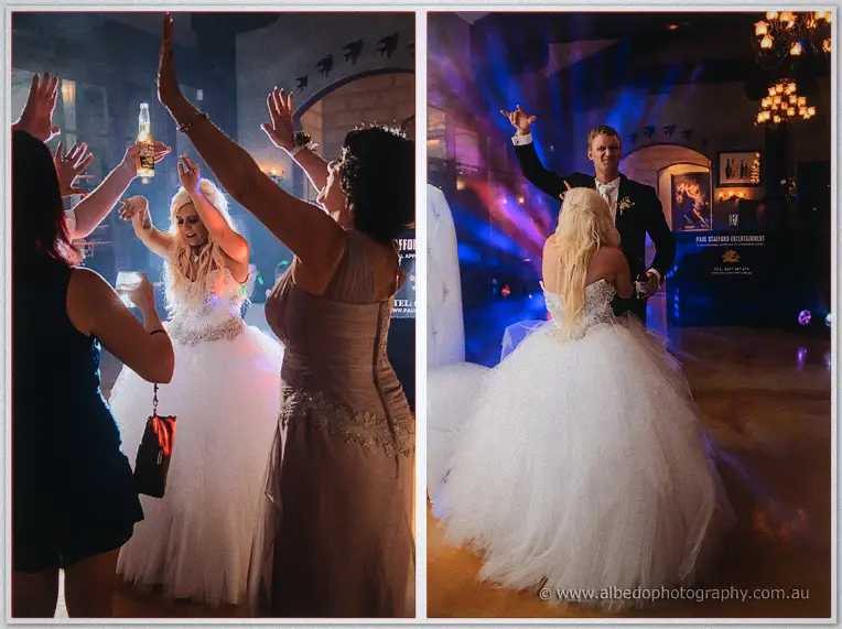 Diptych of the couple dancing among guests, Steph's arms raised, disco lights blazing