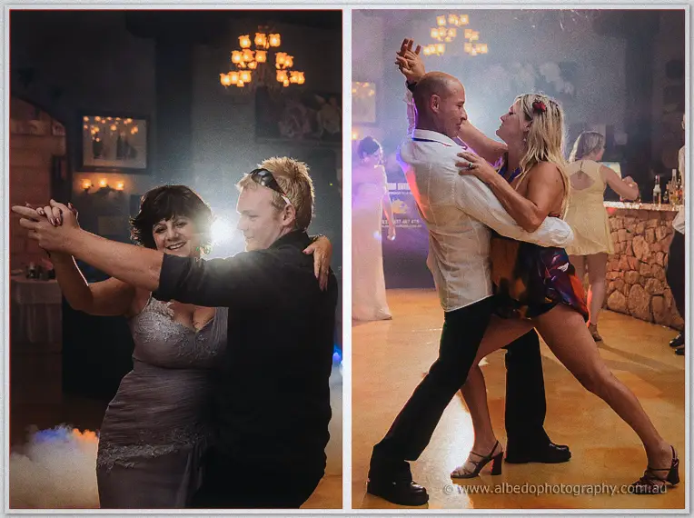 Diptych of couples dancing: a formal dip in grey, then a playful tango in white
