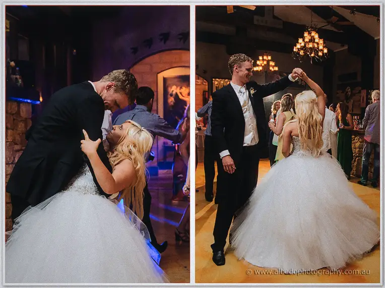 Diptych of Luke and Steph dancing closely among guests under golden chandelier light