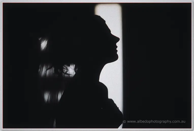 Elena's profile falls into black silhouette against a bright window beside her tulle veil