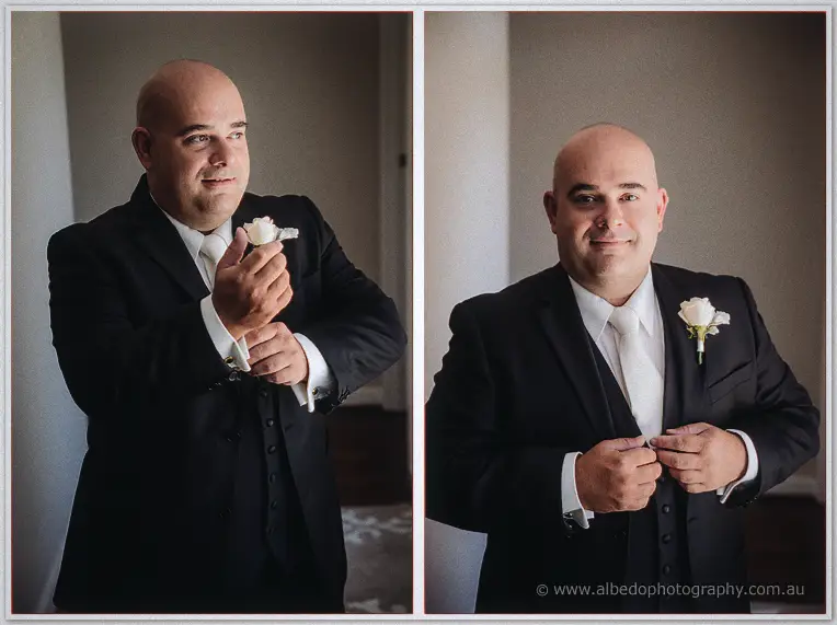 Diptych of James holding his white rose boutonniere and buttoning his black three-piece suit