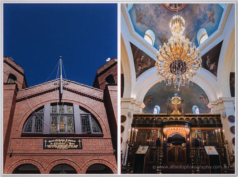Greek Orthodox cathedral's brick facade against blue sky beside its chandelier and gold iconostasis