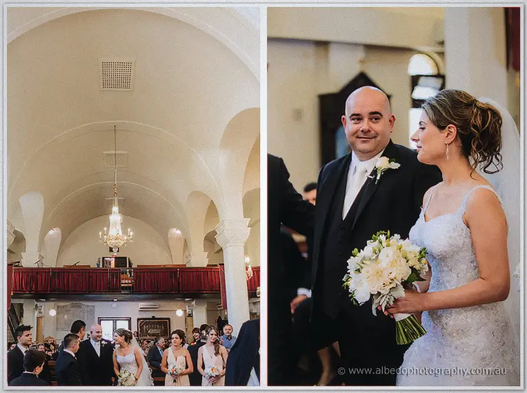 Vaulted nave with red-curtained choir loft beside James smiling at veiled Elena's bouquet