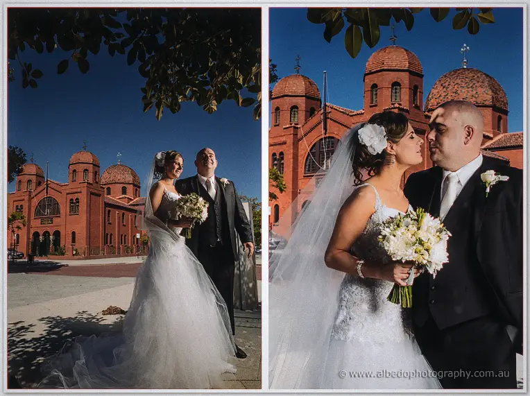 Elena and James laugh together beneath the terracotta domes of the Northbridge church on a bright morning