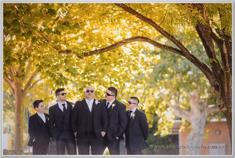 Groomsmen in dark suits cluster beneath sprawling golden branches, arms on shoulders in dappled light