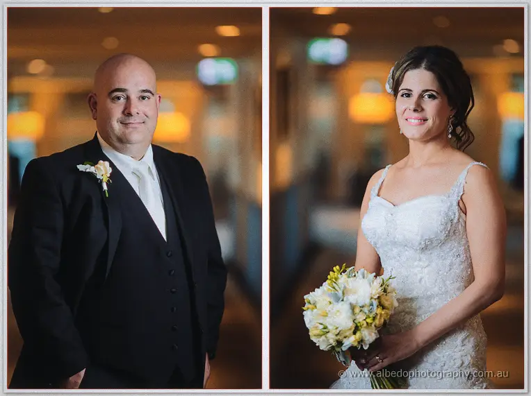 Matching portraits of James in his black three-piece suit and Elena holding a white bouquet in the hotel lobby