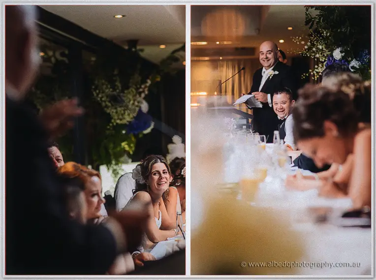 Split frame of the bride laughing at the bridal table and a smiling groomsman delivering his speech