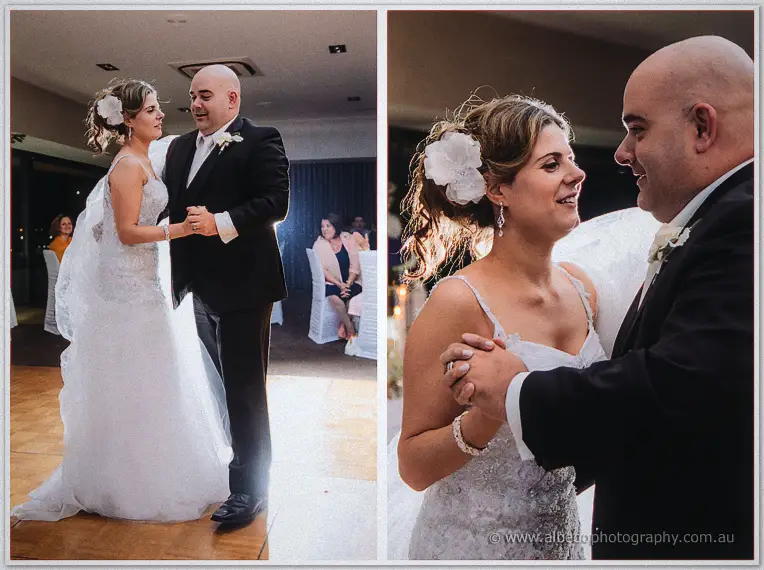 Split frame of Elena and James dancing cheek to cheek on the Matilda Bay parquetry floor at night