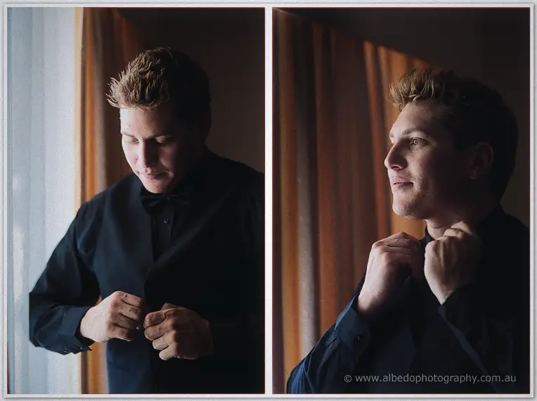 Diptych of Matt buttoning his black shirt and adjusting his collar in soft window light