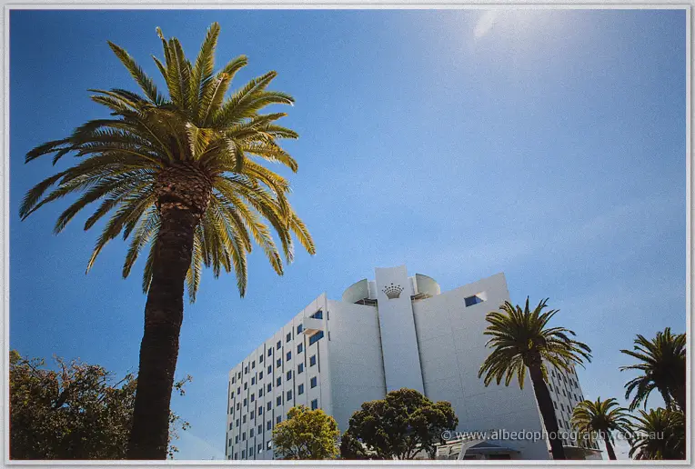 Palm trees frame the white Crown hotel tower under a bright blue Perth sky