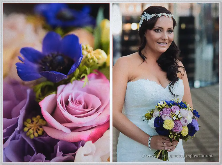 Bridal bouquet of pink roses and purple anemones beside Haley holding it in her strapless lace gown