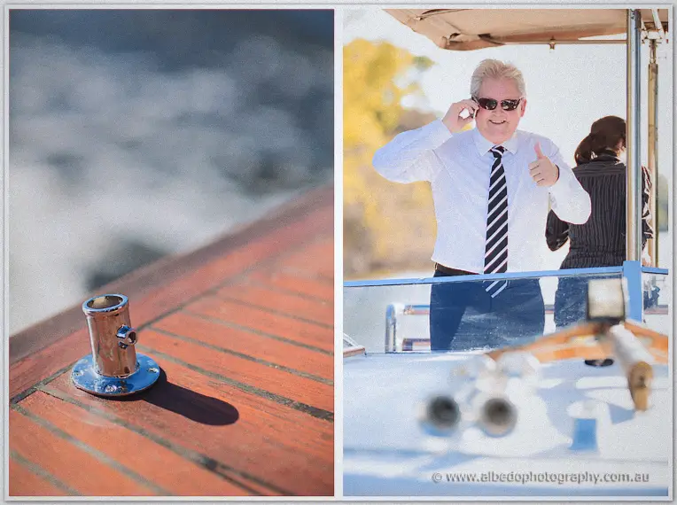 Chrome deck fitting on warm timber planks beside the wake as the wedding cruise cuts through river water