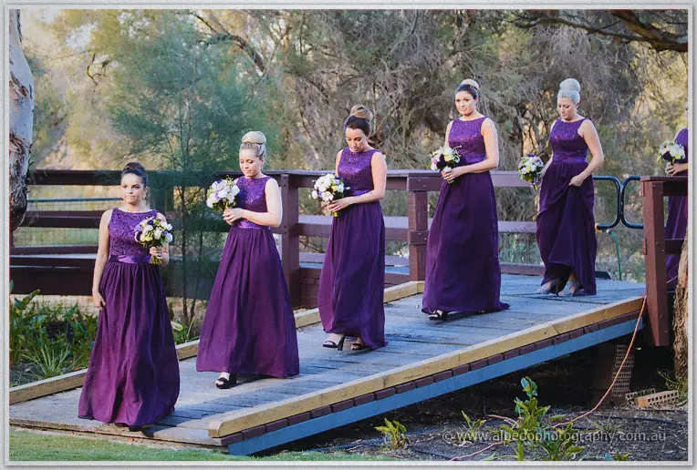 Six bridesmaids in purple lace descend a timber ramp carrying cream and purple bouquets at Caversham