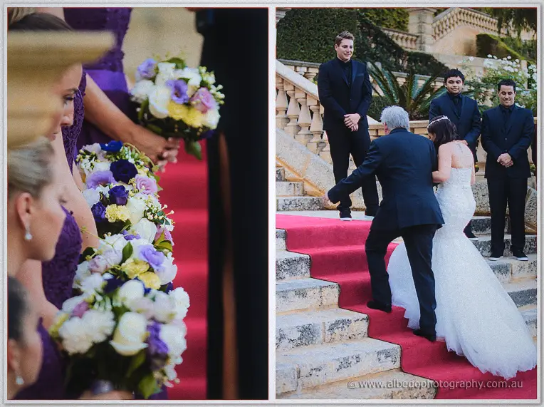 Haley's father steadies her hand as she ascends the carpeted steps where Matt waits among the groomsmen
