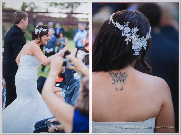 A diptych of Haley's joyful entrance among clapping guests and a close-up of her butterfly tattoo.