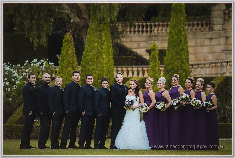 Groomsmen in black and bridesmaids in purple flank Haley and Matt on the lawn amid clipped conifers.