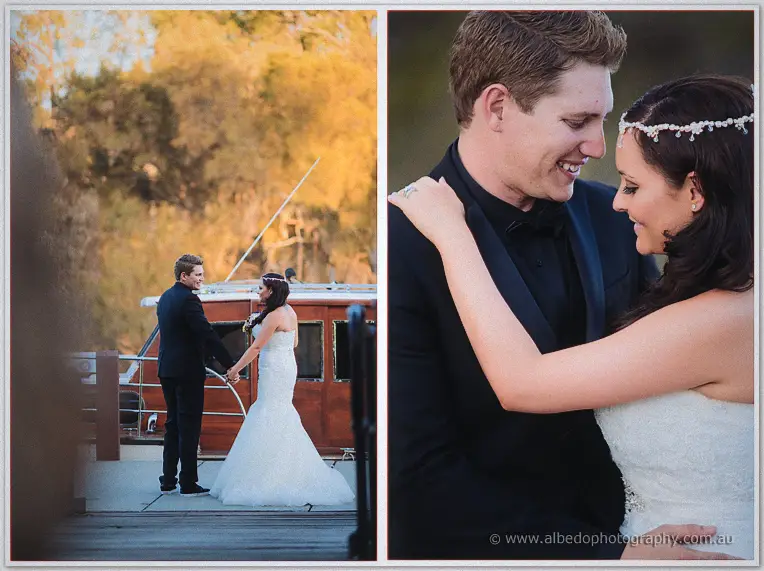 Haley and Matt hold hands on a riverside jetty, then lean into each other smiling in warm evening light.