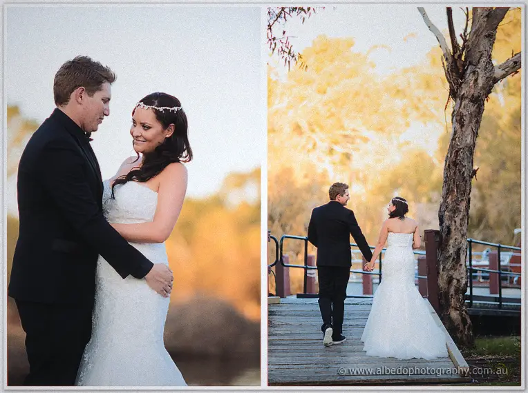 Haley and Matt pose by the river, then walk hand in hand down a wooden jetty under golden evening trees.