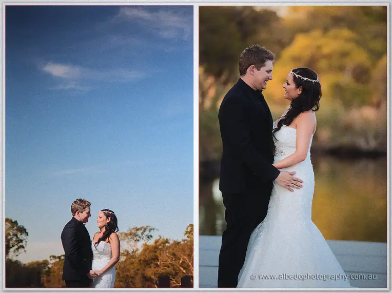 A two-panel portrait of Haley and Matt embracing at twilight, wide under the sky and close by the calm river.
