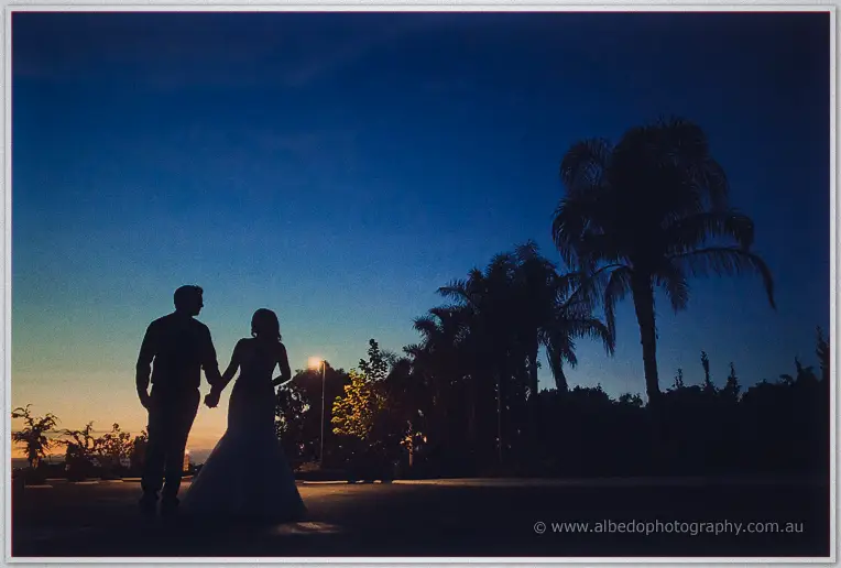 Haley and Matt are silhouetted hand in hand beneath tall palm trees against a blue dusk sky.