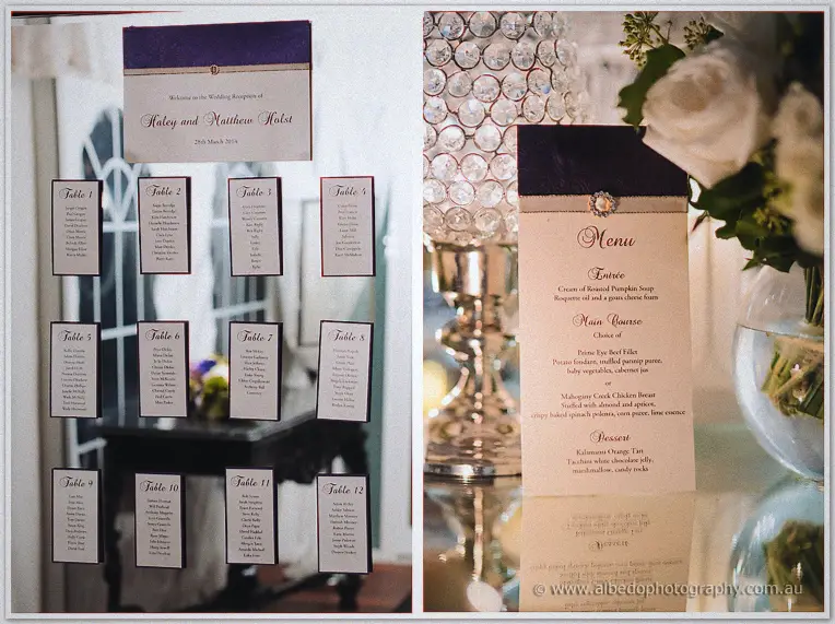 A two-panel reception detail: the seating chart and a ribboned menu card beside a crystal candelabra.