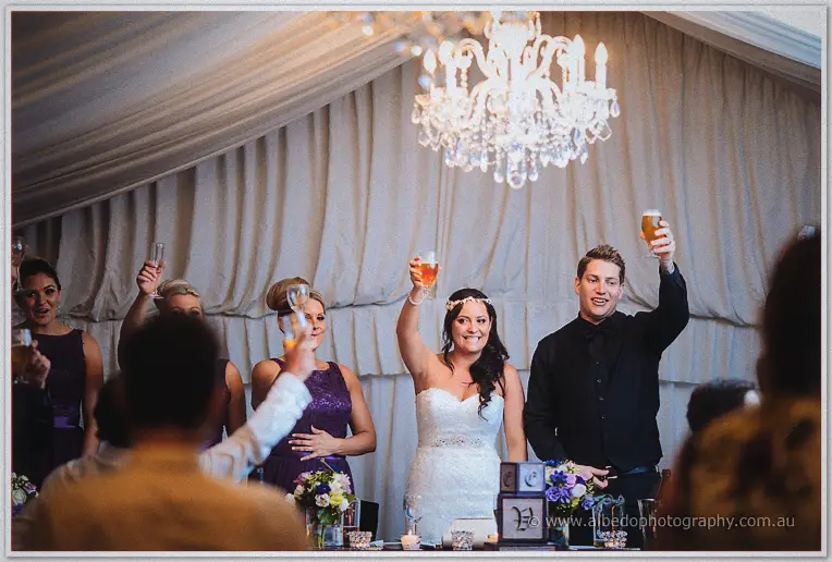Haley and Matt raise their drinks high in a toast under the chandelier as bridesmaids cheer beside them.