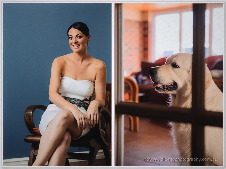 Stacey seated in her short lace-dress smiling beside a split frame of the family retriever waiting at the door