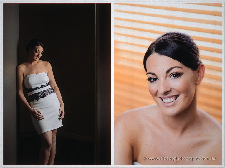 Moody portrait of Stacey in her black-lace sash dress paired with a sunlit beauty close-up