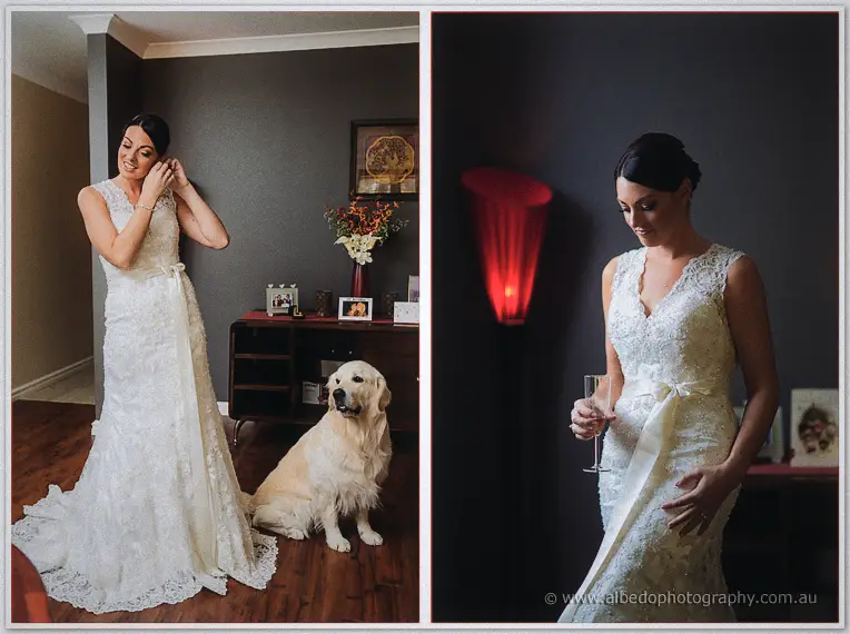 Stacey in her lace gown fastening earrings with her retriever beside her, then toasting champagne in red-lamp light