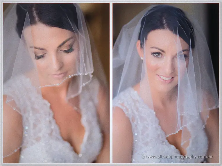 Twin close-ups of Stacey under her crystal-edged veil, eyes downcast then smiling into the lens