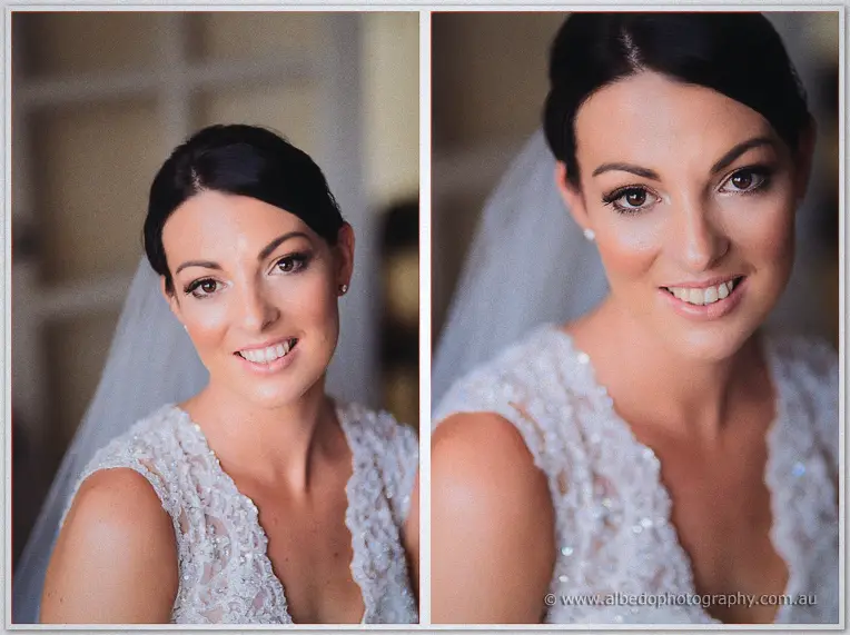 Two soft bridal portraits of Stacey beaming in her beaded lace gown beneath the veil
