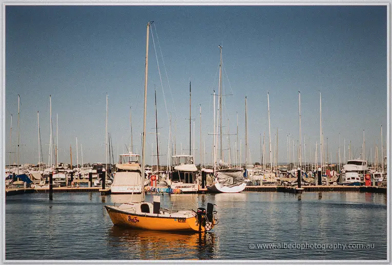 A small orange dinghy floats before a forest of yacht masts in the calm Matilda Bay marina.