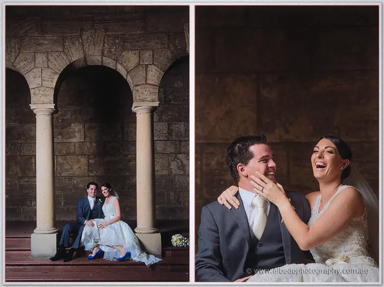 A two-frame portrait of the couple laughing between sandstone pillars and in close-up.