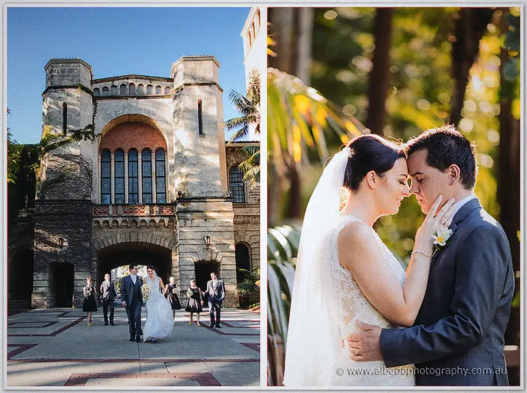 Two frames pair the party before a sandstone tower with a tender close-up of the couple.