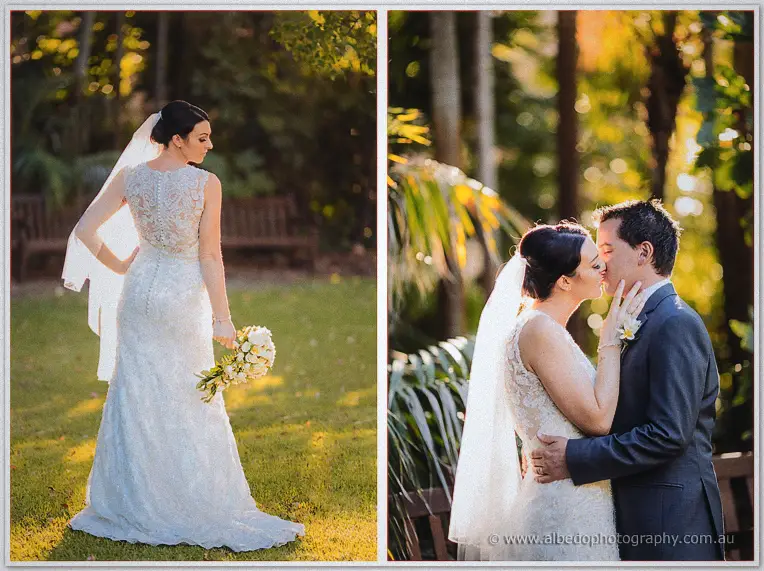 Diptych of the bride from behind in her buttoned lace gown, then kissing the groom in sunlit trees.