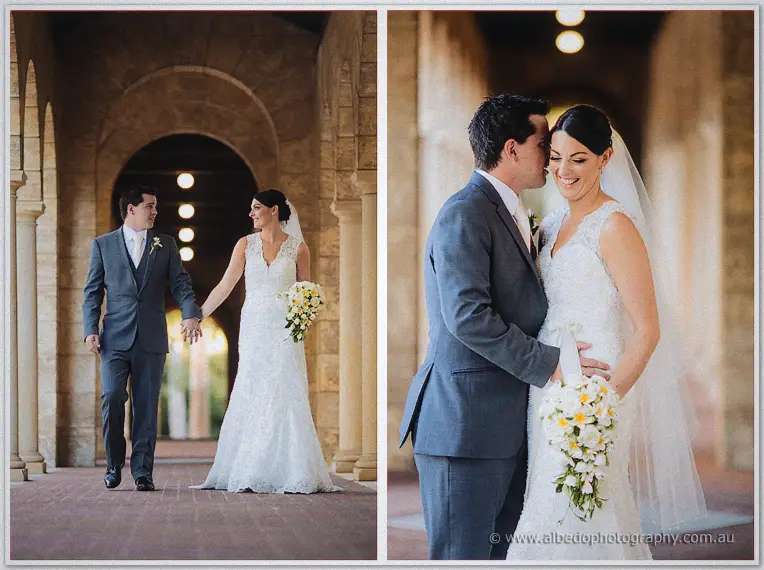 The couple walk a vaulted stone corridor, then his arm circles her waist beside hanging lamps.