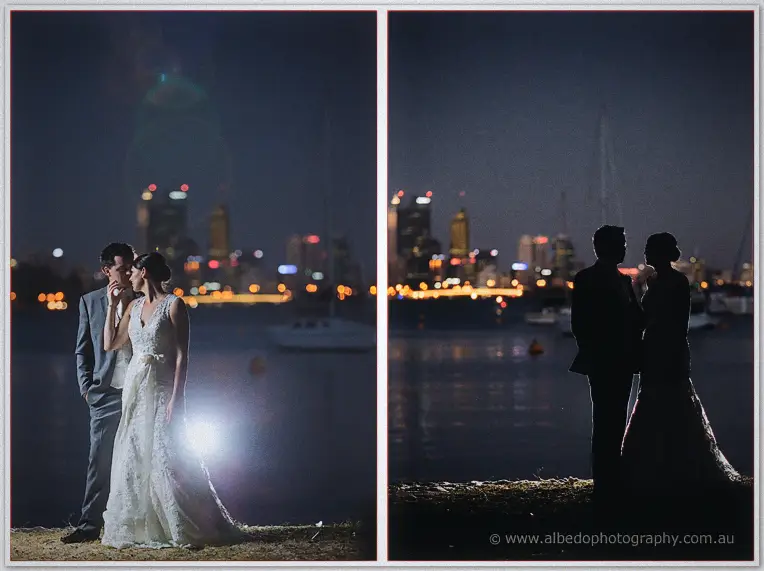 Night diptych: he kisses her temple on the shore, then both stand silhouetted against the skyline.